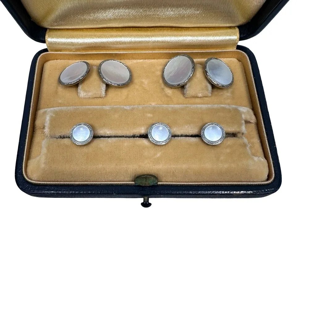 Art Deco Brooks Brothers 14k Yellow White Gold Mother Pearl Cufflinks Studs Set